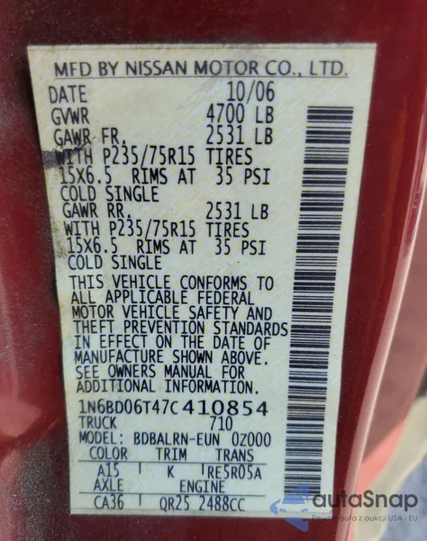 2007 Nissan Frontier King Cab Xe из США, поврежденный, VIN 1N6BD06T47C410854